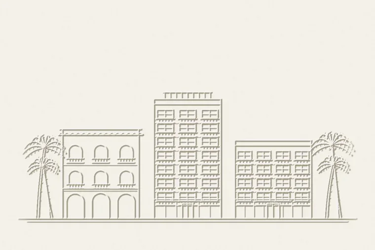 Dibujo de tres hoteles frente al mar